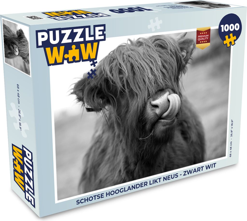 MuchoWow Puzzle 1000 Teile Schottischer Highlander leckt Nase - schwarz und weiß - Erwachsene - Rätsel