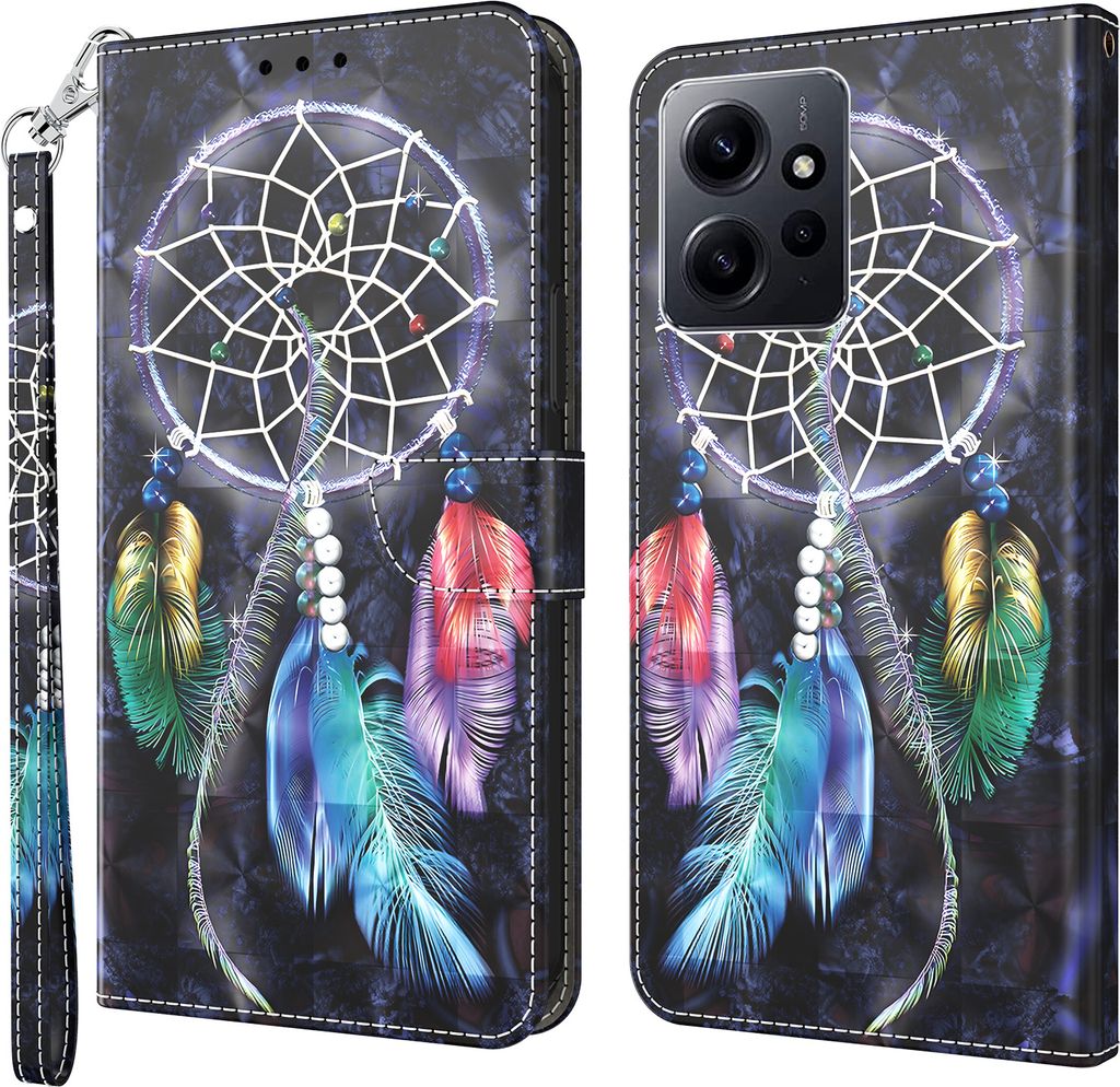 CLM-Tech Hülle kompatibel mit Xiaomi Redmi Note 12 4G - Tasche aus Kunstleder - Klapphülle mit Ständer und Kartenfächern, Traumfänger schwarz ...