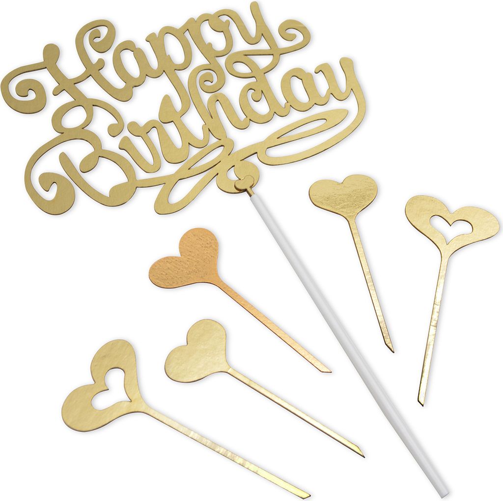 Tortenaufsatz Happy Birthday gold mit 5 Herzen Produktbild 
