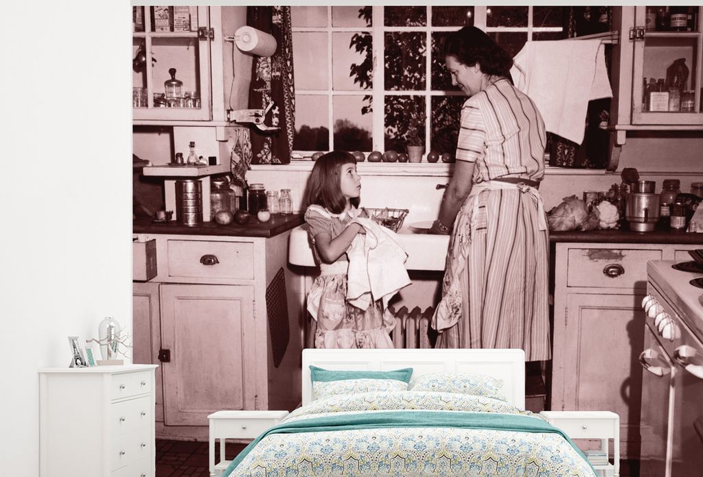 MuchoWow Fototapete für Wohnzimmer oder Schlafzimmer Wandtapete Vinyl Motivtapete Amerikanische Küche in den fünfziger Jahren - 300x240 cm - F...