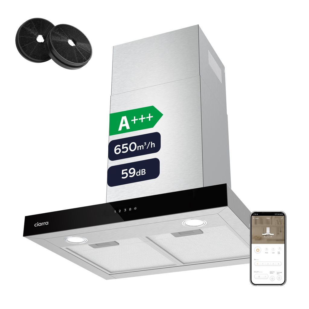CIARRA A+++ Dunstabzugshaube 60cm 650 m³/h Wandhaube WIFI +APP & Touch Control Boost VMS6102
