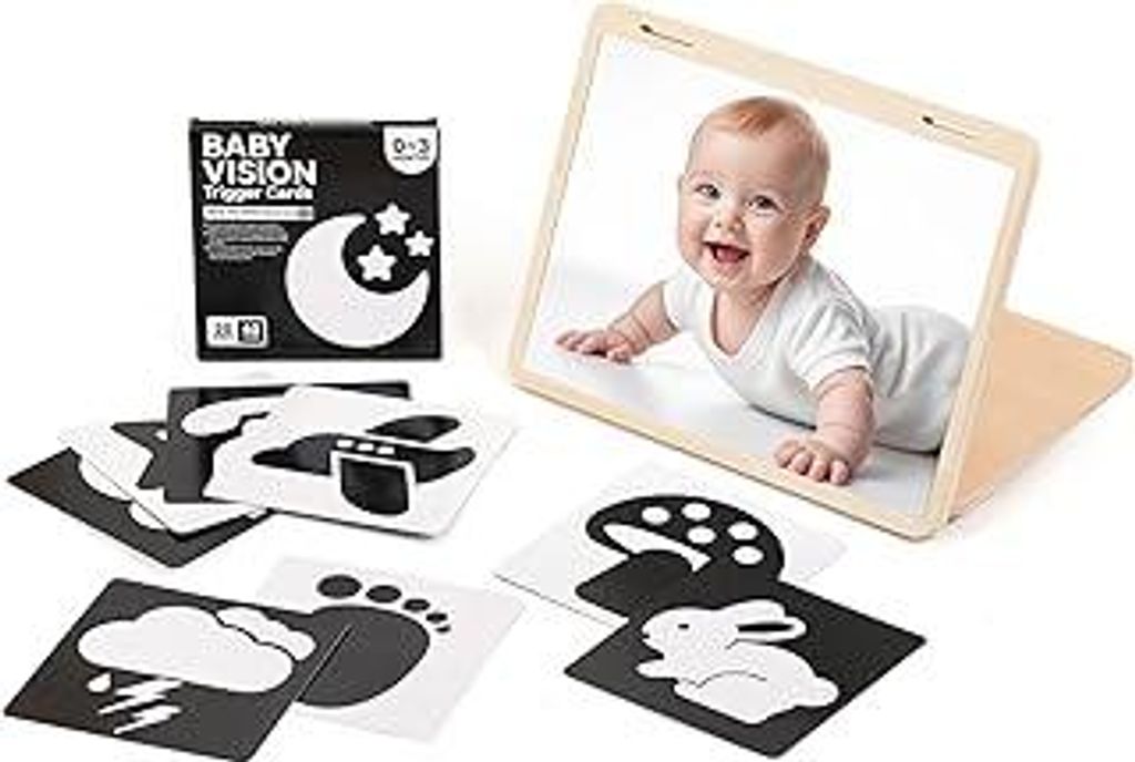 Baby Spiegel Spielzeug - Montessori Spielzeug für Neugeborene mit Schwarz-Weiß Visuelle Karten, Hölzernes Bauchzeit-Spiegelspielzeug für Neugeb...