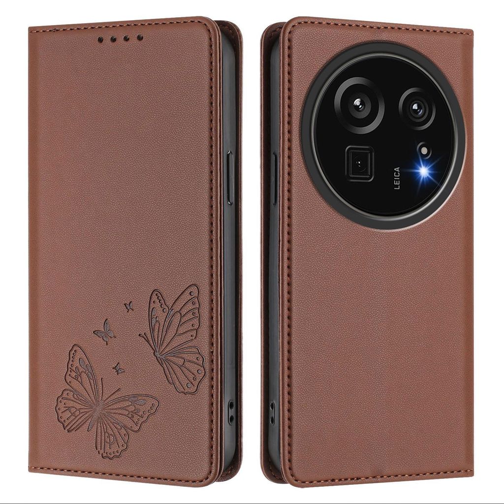 Lederhülle für Sharp Aquos R9 pro, Schmetterling Prägung Leder Brieftasche Schutzhülle mit Ständer Braun