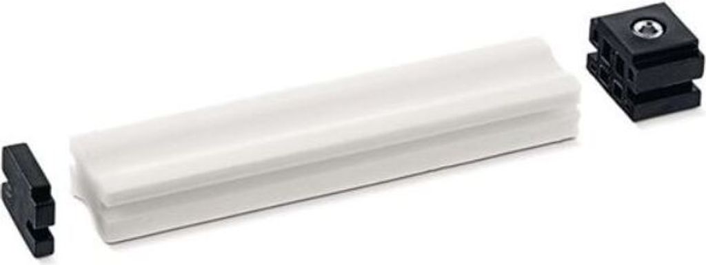 Three components of a door closer mechanism are laid out on a white background.