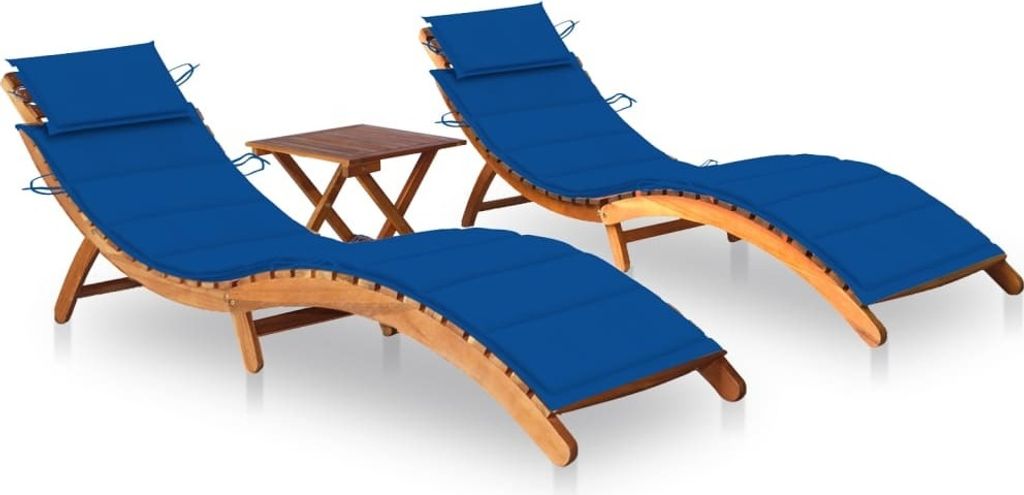 Sonnenliegen 2 Stk. mit Tisch und Auflagen Massivholz Akazie