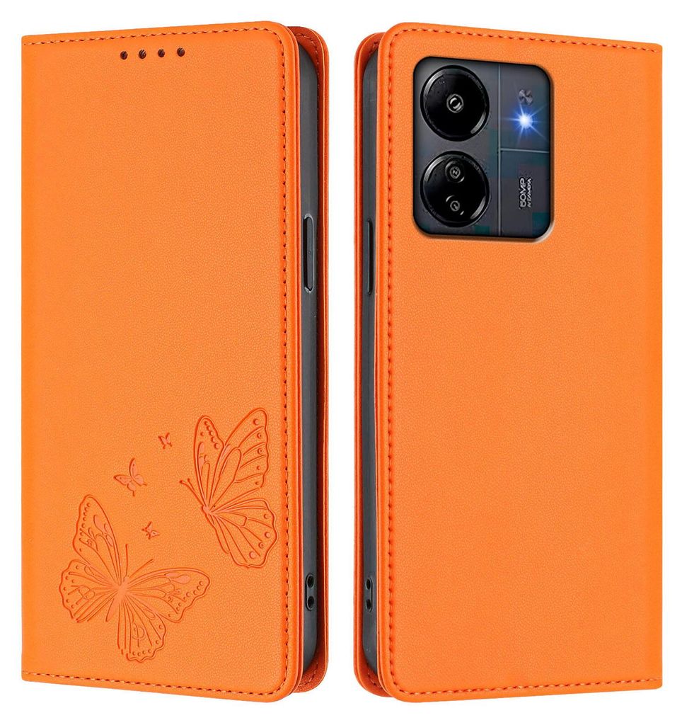 Lederhülle für Xiaomi Poco M6 5G/C65/Redmi 13C, Schmetterling Prägung Leder Brieftasche Schutzhülle mit Ständer Orange