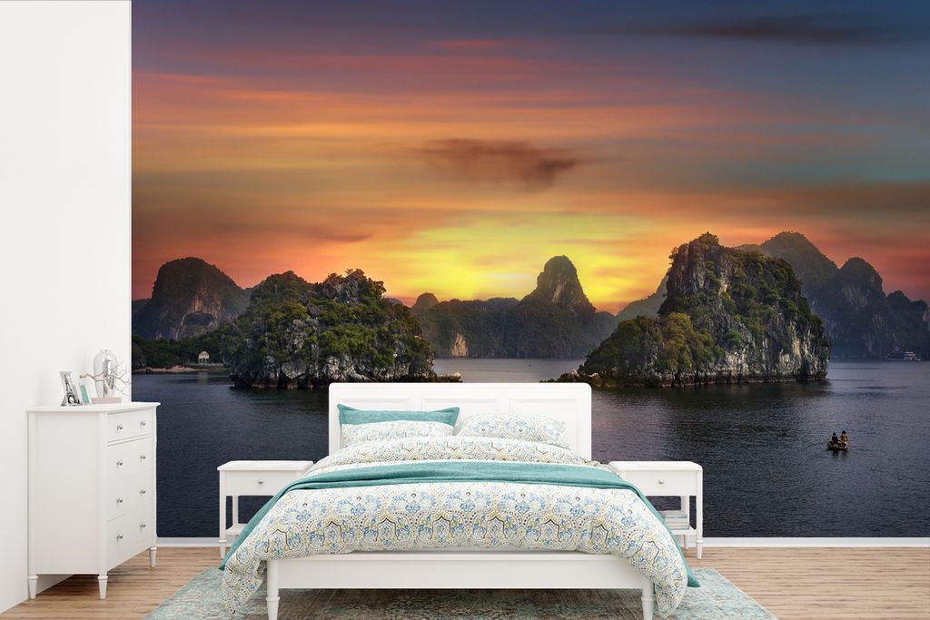 MuchoWow Fototapete für Wohnzimmer oder Schlafzimmer Wandtapete Vinyl Motivtapete Sonnenuntergang in der Halong-Bucht - 390x260 cm - Papiertapete