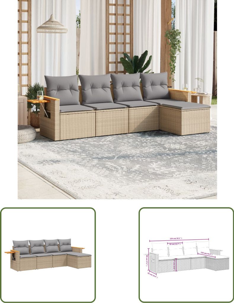 The Living Store 5-tlg. Garten-Sofagarnitur mit Kissen Beige Poly Rattan