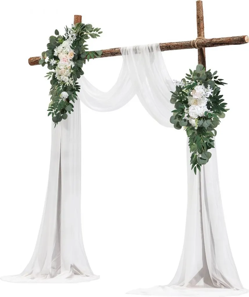 Kit arche de mariage décorative avec voilage et fleurs blanches - 10