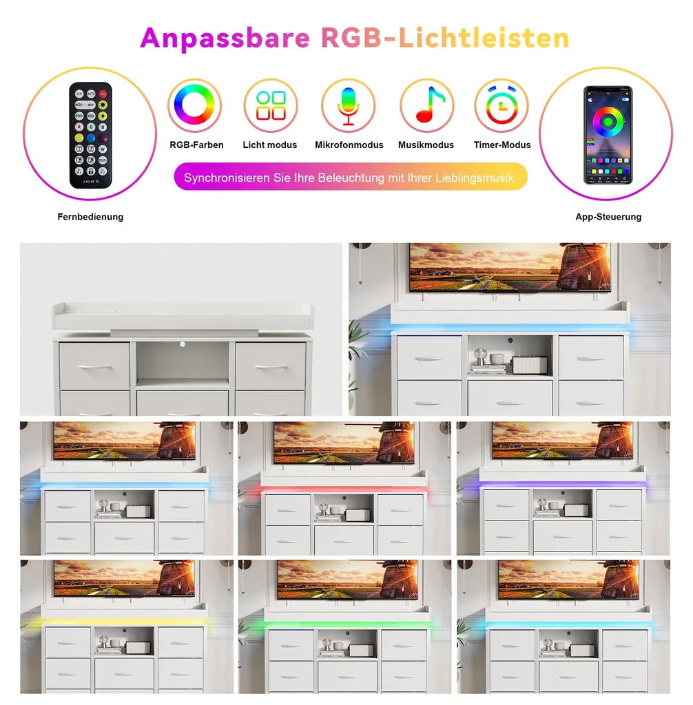 Commode LED RGB à 8 tiroirs avec prises intégrées et structure acier - 5