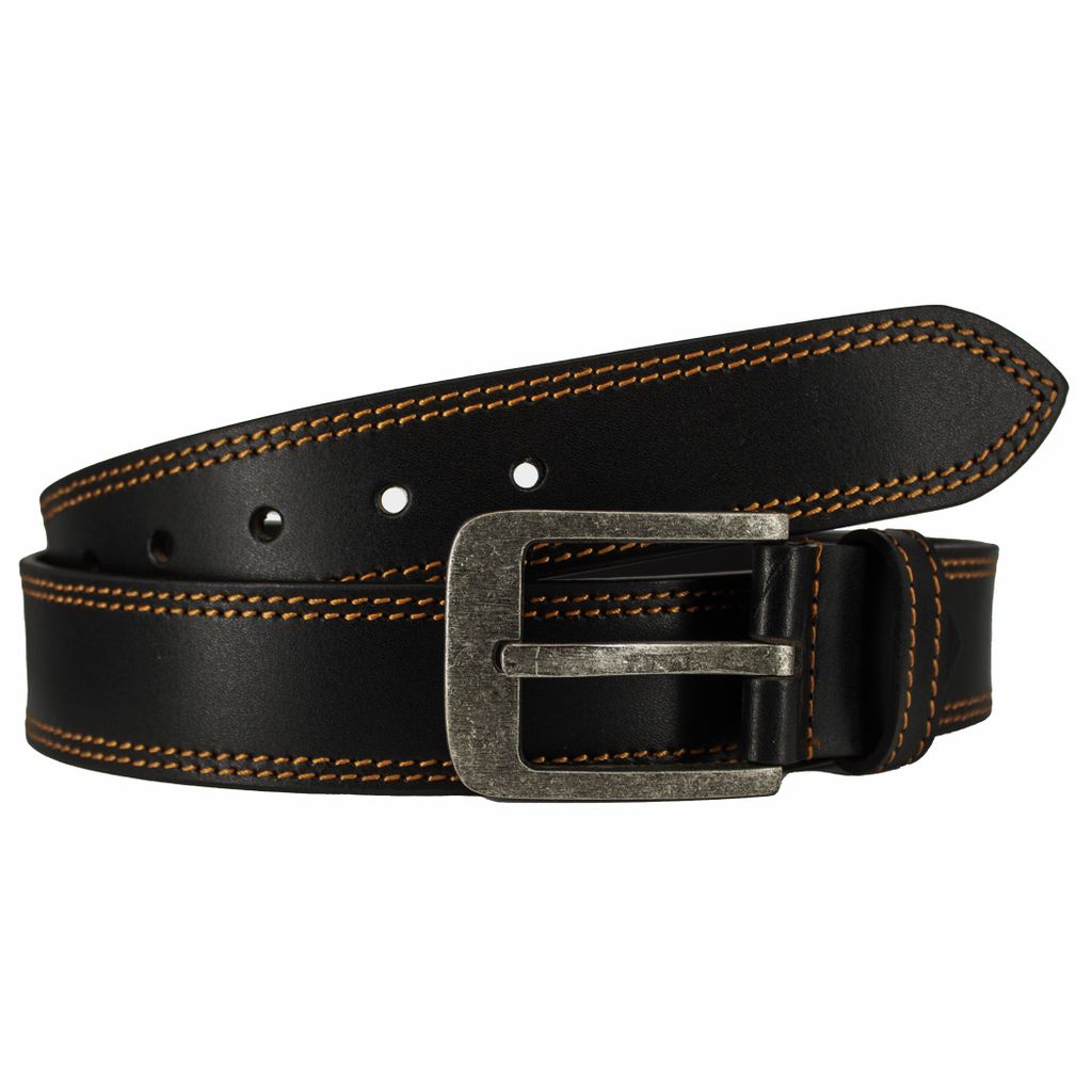 Hochwertiger Echtleder Gürtel aus Büffelleder in Edler Doppelnaht Optik ,Farbe - Schwarz, Taillenweite 120cm / Gürtellänge 135cm, 3,8cm breit