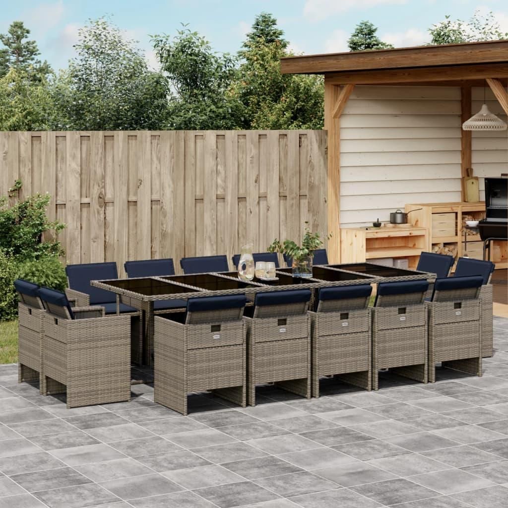 Möbel 15-teiliges Garten-Ess-Set mit Kissen, grau, Polyrattan - Gartenmöbelgarnituren 3277824