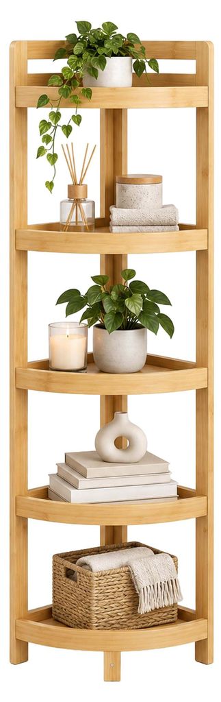 Relaxdays Eckregal Bambus, 5 halbrunde Ablagen, HBT: Produktbild  KI-generiertes Bild