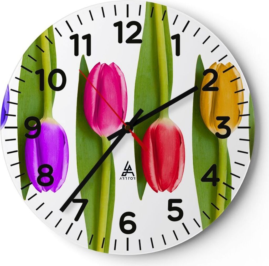 Wanduhr - Rund - Glasuhr - Tulpe Blume Garten Komposition - 30x30cm - Schleichendes Uhrwerk - Lautlos - zum Aufhängen bereit - Dekoration Modern -...