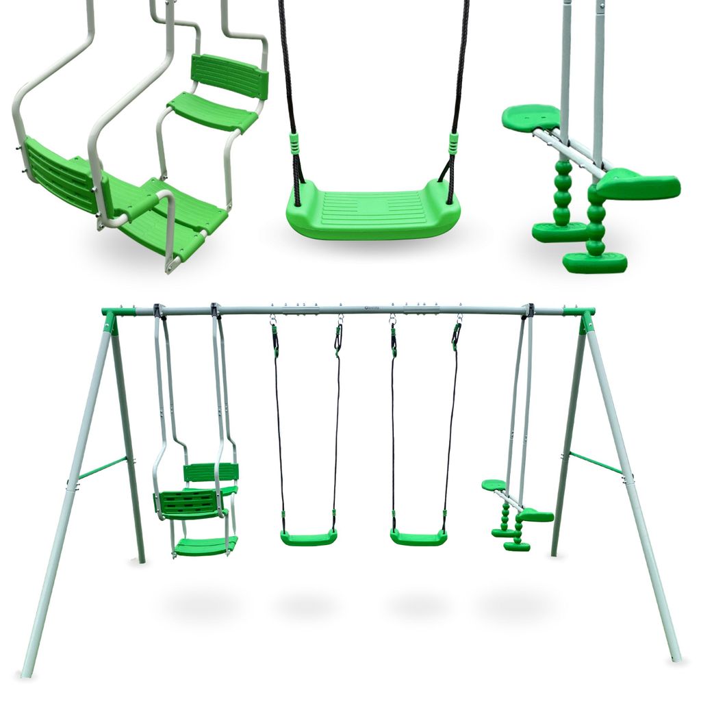 Multiple swings and a swing set are displayed against a white background.