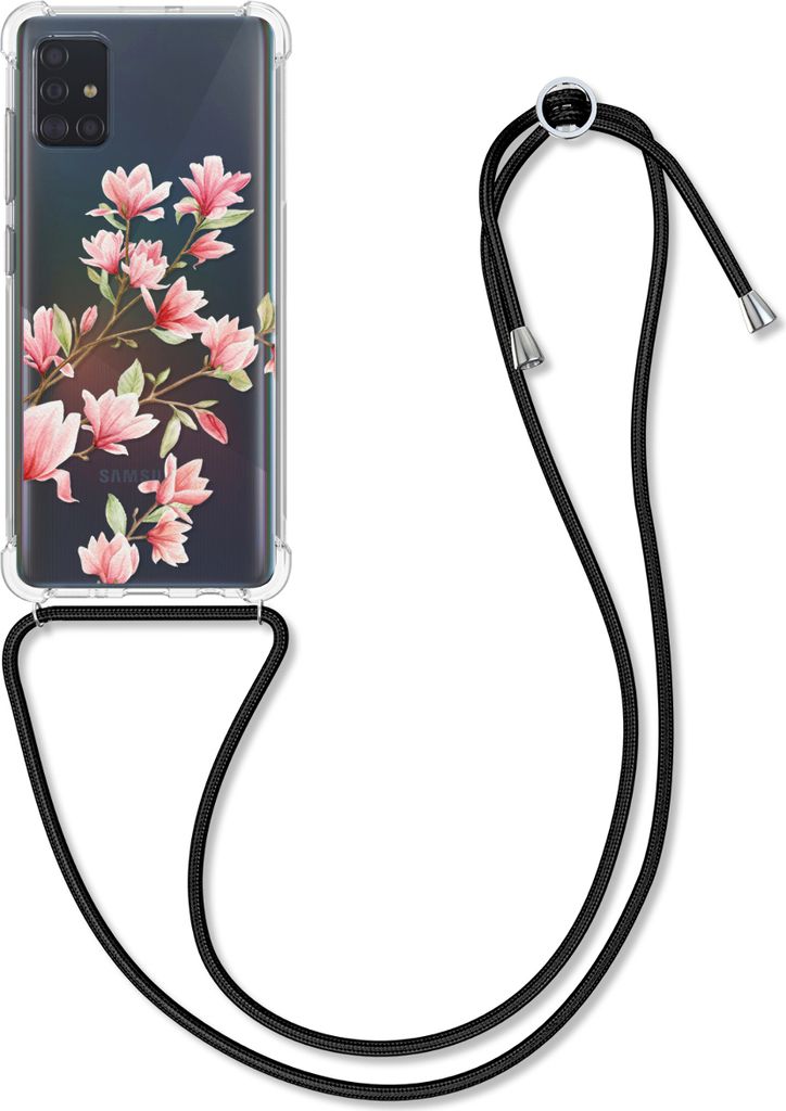 kwmobile Necklace Case kompatibel mit Samsung Galaxy A51 Hülle - Silikon Cover mit Handykette - Rosa Weiß Transparent Magnolien