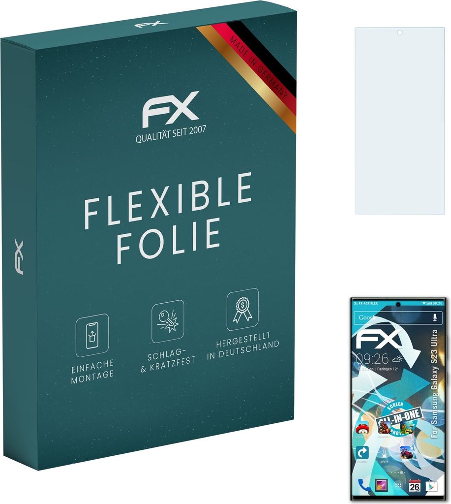 atFoliX FX-ActiFleX 3x Schutzfolie kompatibel mit Samsung Galaxy S23 Ultra Folie