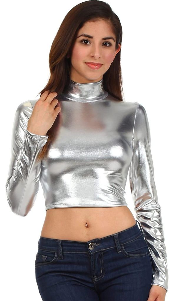 Damen Metallic Crop Top Silber Gr S – Oberteil Langarmig Shirt mit Rollkragen – Glänzendes Party & Festival Fasching Rave