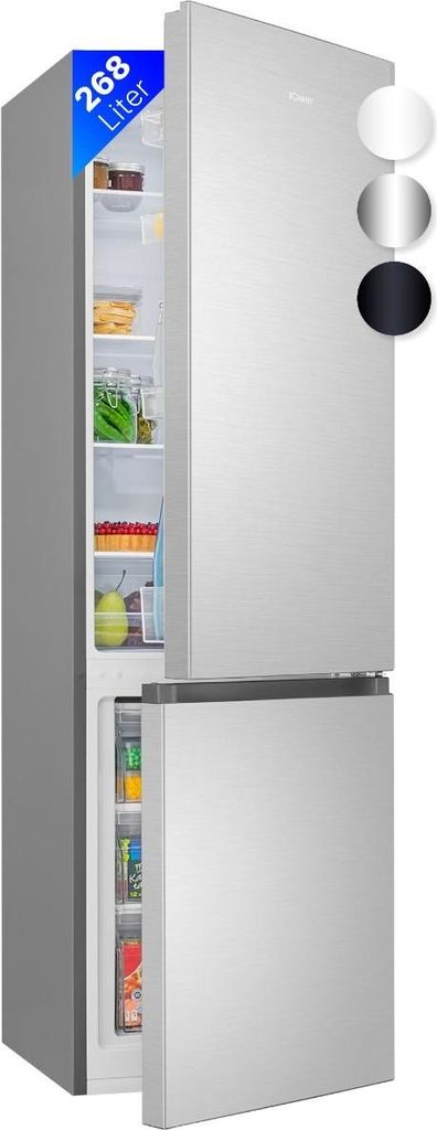 A silver refrigerator with its doors open, showing the interior shelves and food items. There are color swatches on the right side of the image.