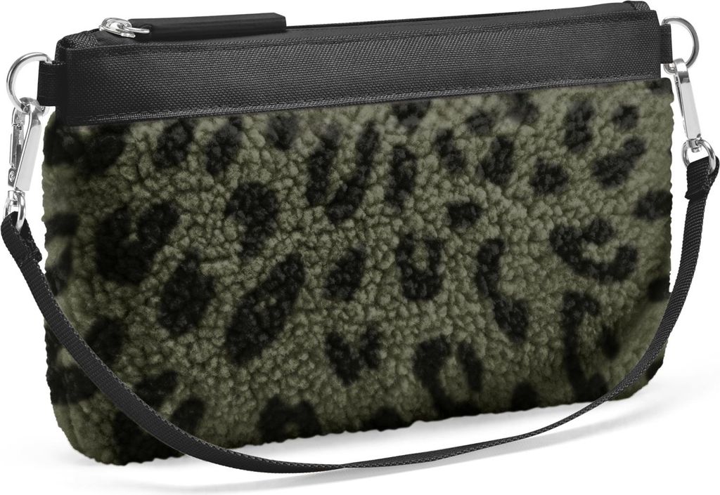 A close-up studio shot of a small pouch bag with a leopard print pattern.