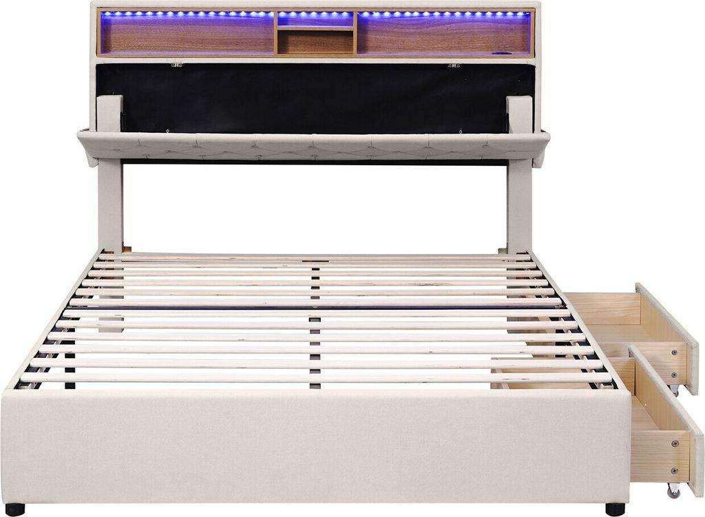 Doppelbett,Polsterbett(Beige,140 x 200cm,mit 2 Schubladen)Bett mit USB-Aufladung und Beleuchtung,Funktionsbett,verstellbares Kopfteil