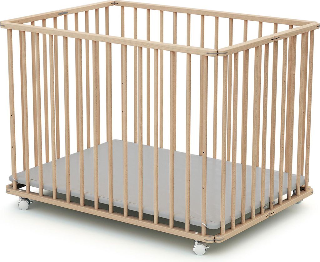 WEBABY - Laufstall Baby Faltbar Holz mit rollen und matte Produktbild 