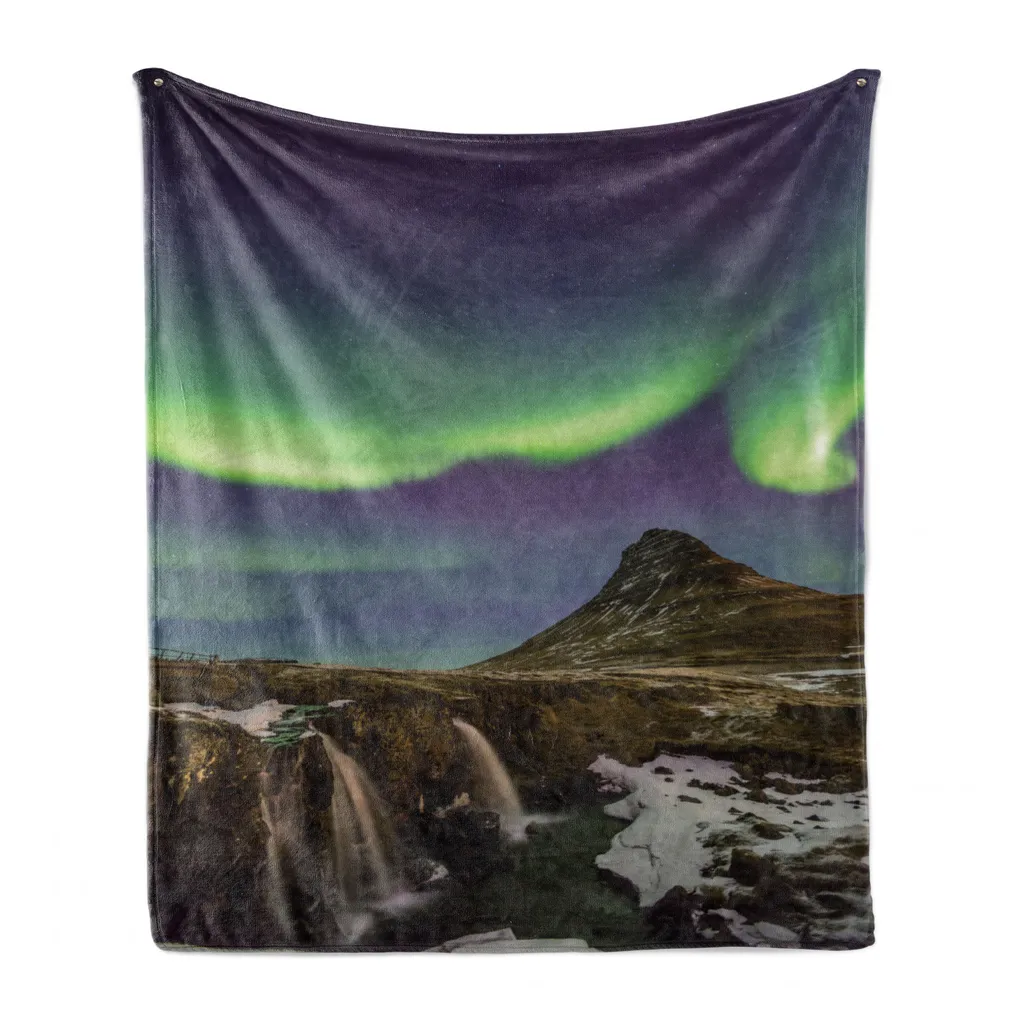 ABAKUHAUS Nordlicht Morbida coperta in pile di flanella, paesaggio islandese, soffice peluche per interni ed esterni, 125 x 175 cm, multicolore
