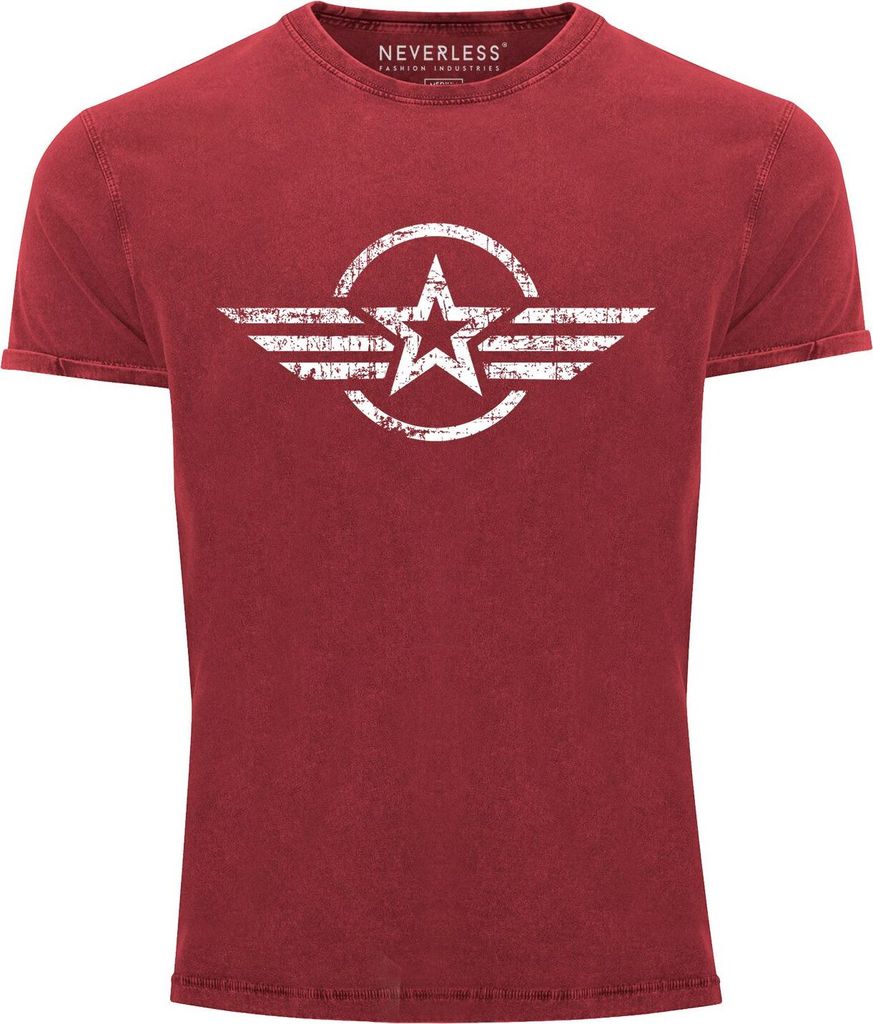 Herren Vintage Shirt Airforce Stern Army Military Aufdruck Printshirt T-Shirt Aufdruck Used Look Slim Fit Neverless rot S