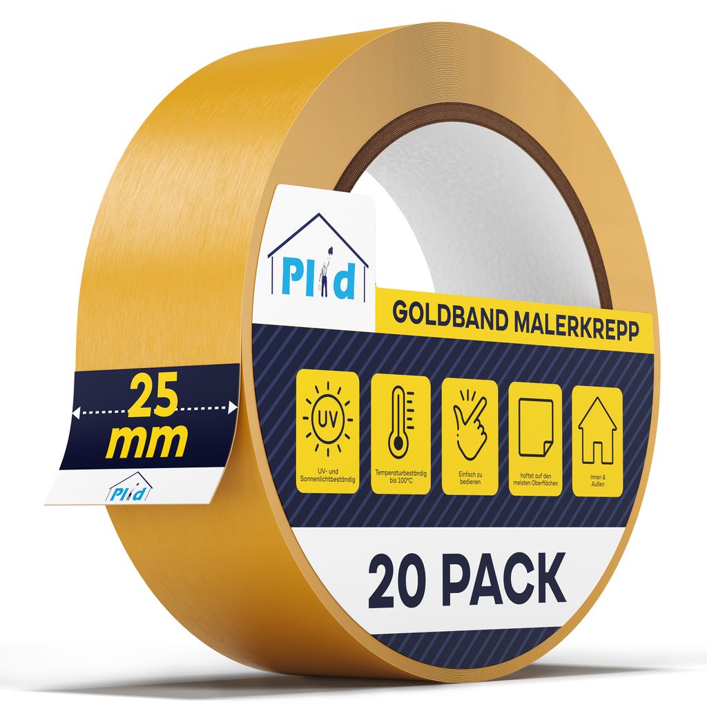 Plid Goldband Malerkrepp (25mm x 50m, 20 Rollen) - Malerklebeband Nassfest - Innen & Außen - Abklebeband Maler, verhindert Unterlaufen von Farben