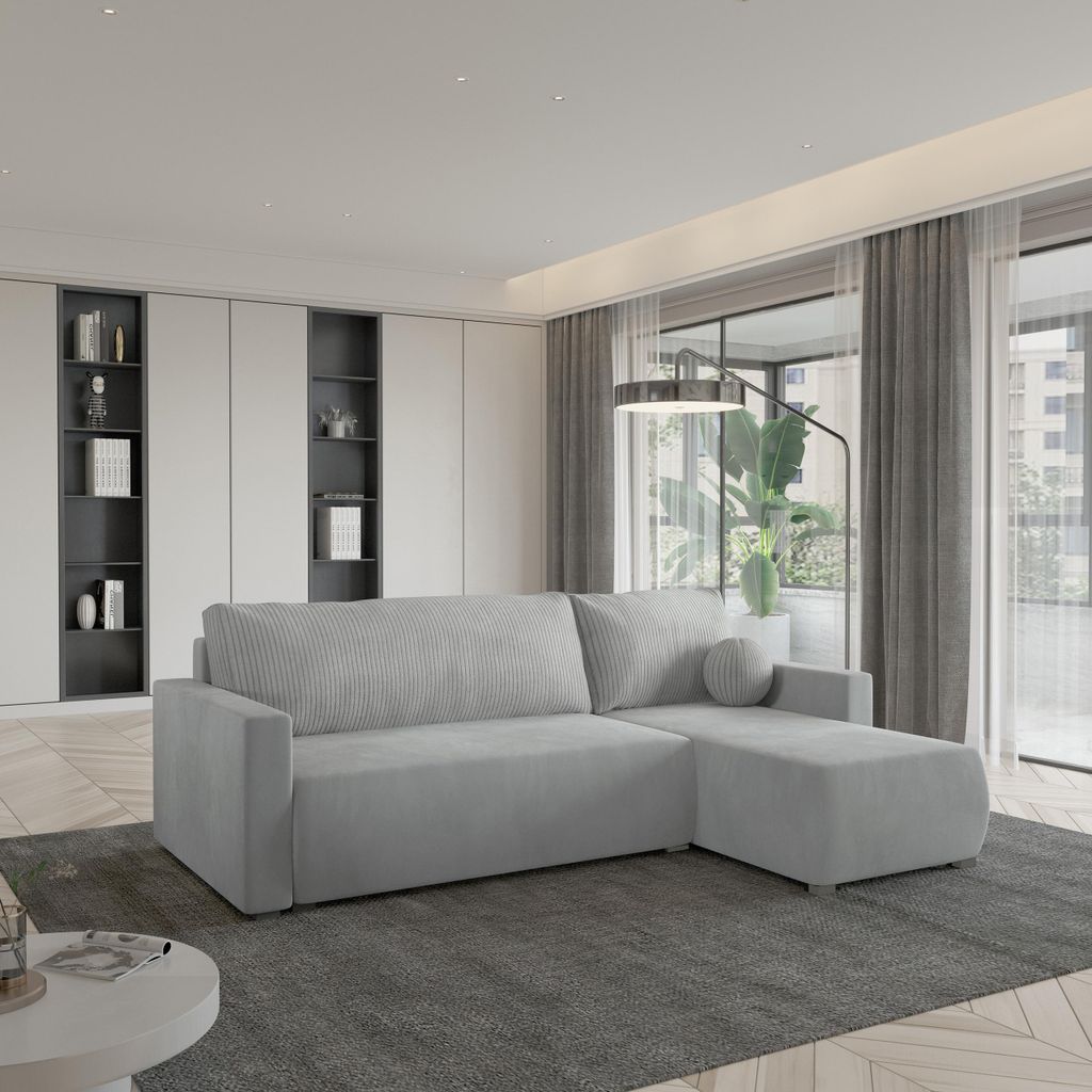 Masseno Ecksofa SORGE mit Schlaffunktion L-Form, Sofa mit Bettkasten, Wohnzimmersofa, Couch, Soffa, Bettsofa, Couchgarnitur- Hellgrau, POSO 55 + PA...
