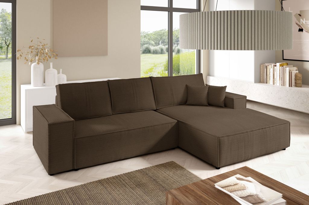 3 Sitzer Ecksofas in L-Form ANTONIO NEW L 294x185cm, Ottomane rechts/links, Schlaffunktion & Bettkästen, Eckarniutur, Bezug - Cord in Braun