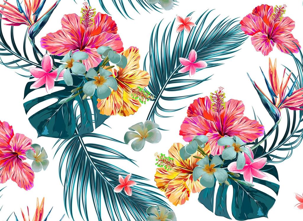 Hawaii Blumen Fototapete | Schlafzimmer Tapete mit Troical Motiv und Palmenblättern | Monstera Fototapete mit Hibiskus B
