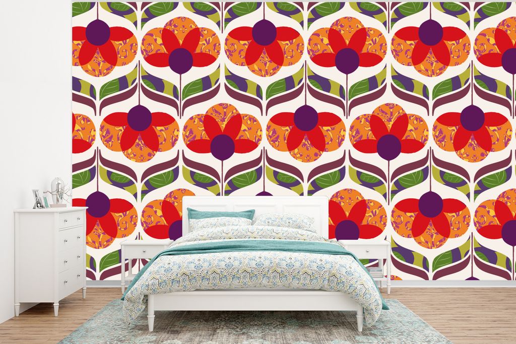MuchoWow Fototapete für Wohnzimmer oder Schlafzimmer Wandtapete Vinyl Motivtapete Retro - Flower Power - Vintage - Farben - 295x220 cm - Wand Ta...