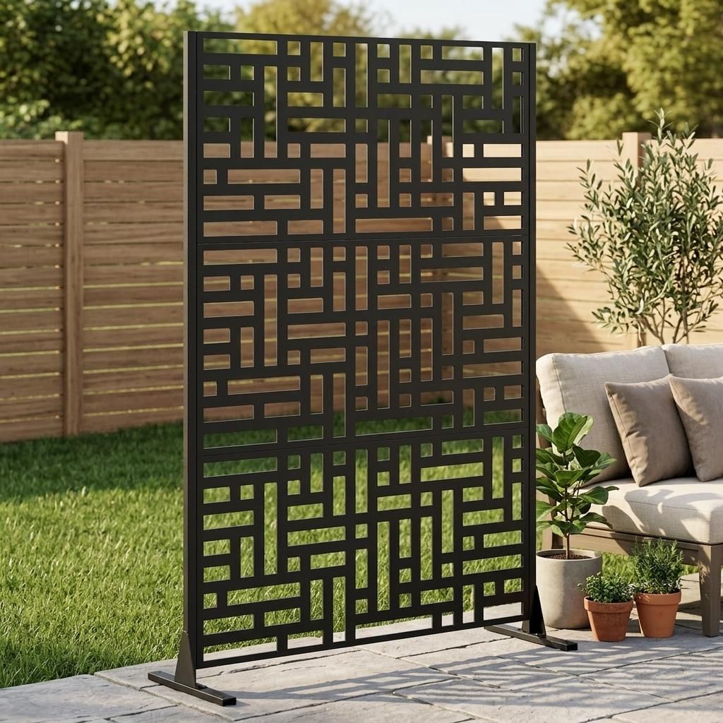 183x116 cm Sichtschutzwand Metall freistehend Dekovand Raumteiler Zaunblende mit Standfuß für Garten Schwarz