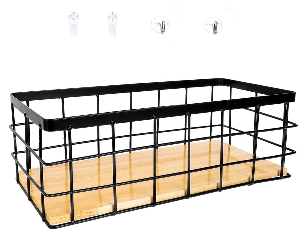 Eisen Aufbewahrungskorb mit Holzbrett - Schwarzer Desktop Organizer für Büro, Küche und Wohnzimmer