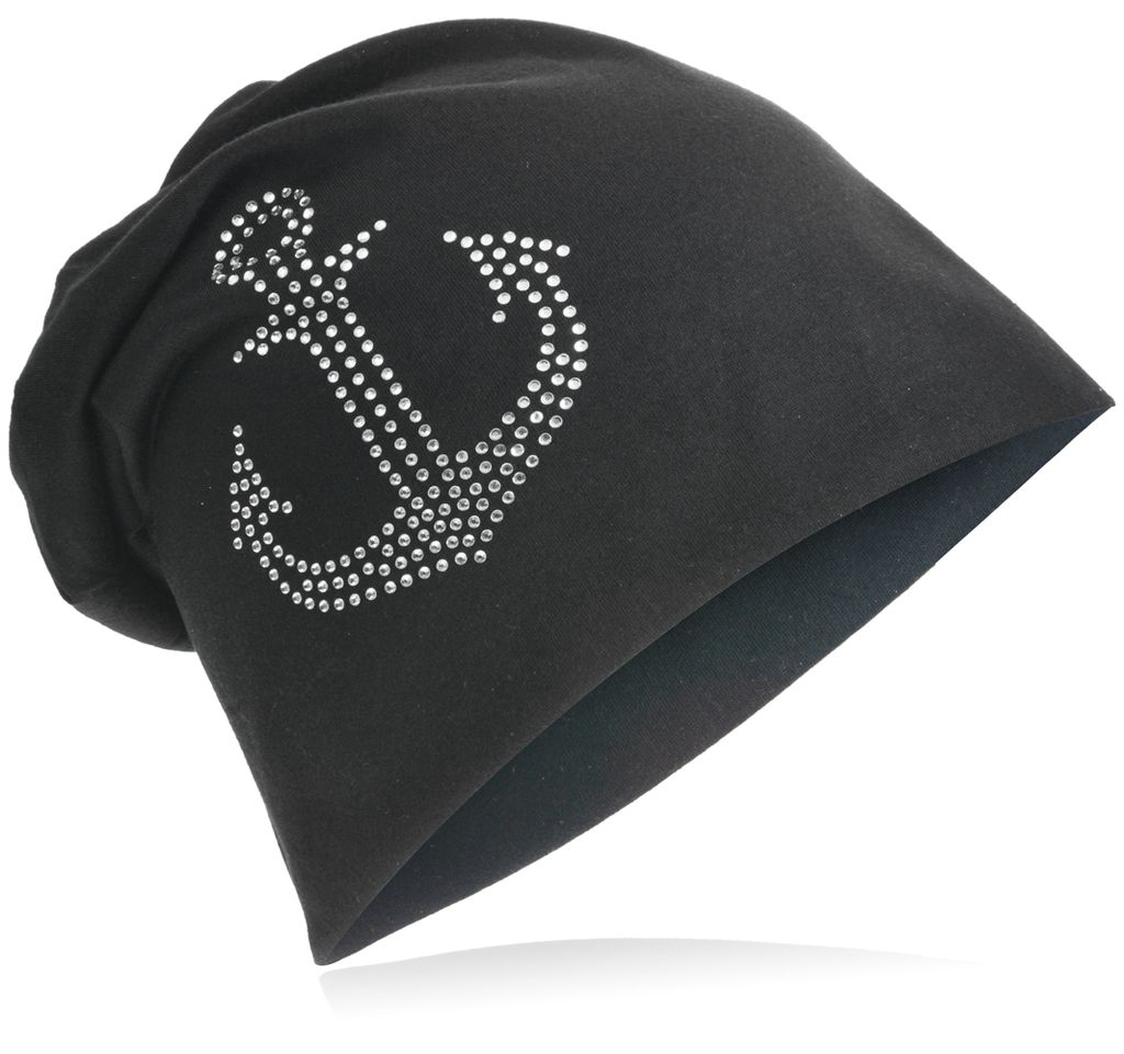 Beanie Muetze Strass Anker Schwarz