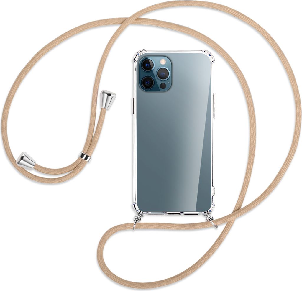 Handykette Backcover-Schutzhülle mit Band (Metall silberfarben) für Apple iPhone 12 Pro Max - beige
