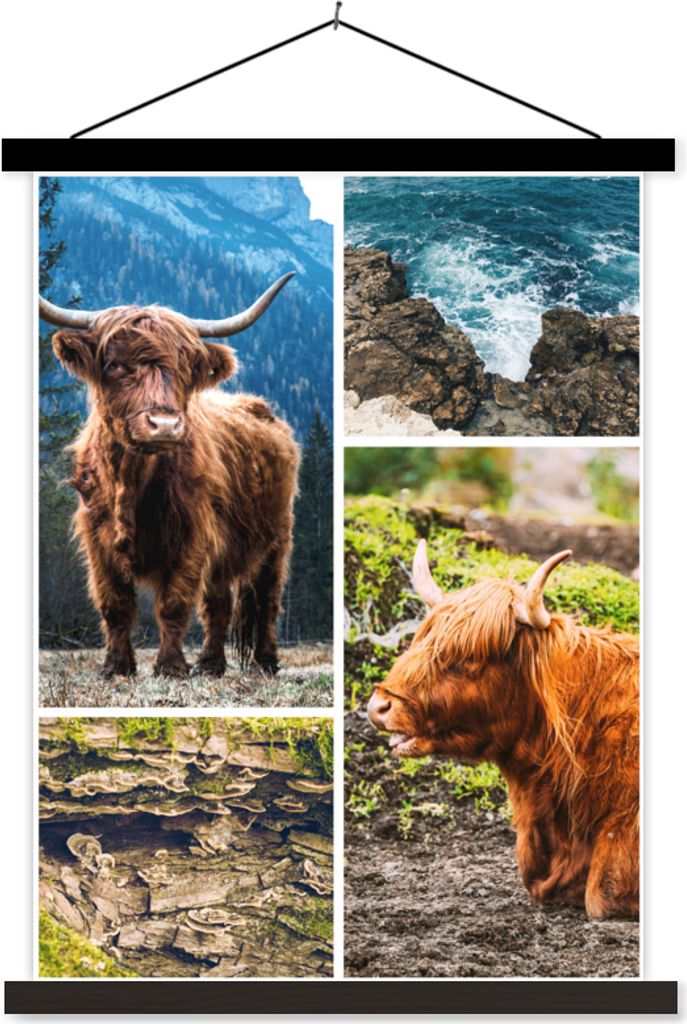 MuchoWow Textilposter Schottisches Hochlandrind - Tiere - Collage 40x53 cm mit schwarzem Rahmen - Abbildung