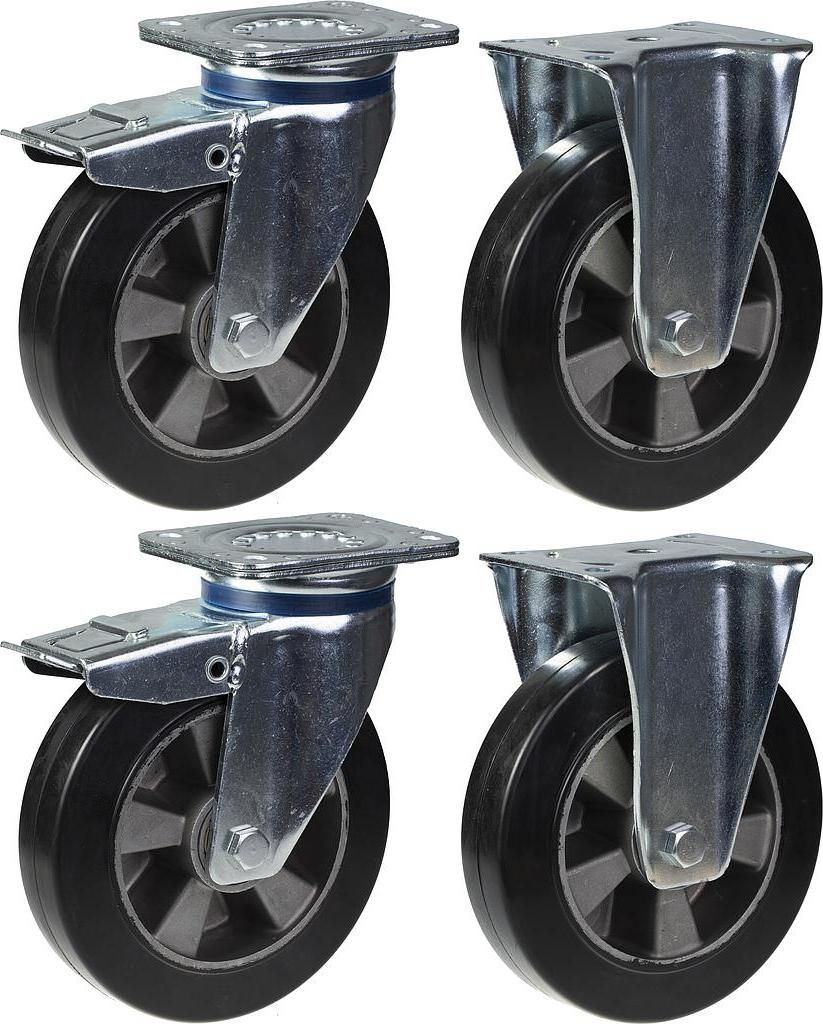 200mm 8" Lenkrollen mit schwarzer Gummibremse und fester Halterung, Tragfähigkeit 1800kg, 4er Set