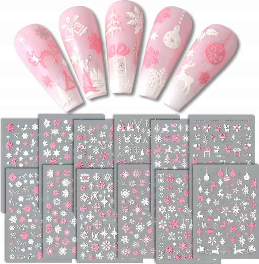 Set Nail Art Noël 12 Stickers Ongles Flocons 3D Flock de Neige Blanc