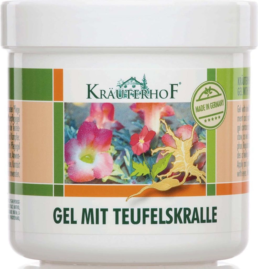 A product shot of a jar of gel with a floral image on the label.