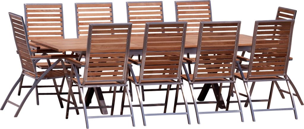 ALEOS. Gartengarnitur Edelstahl Teak Set: Ausziehtisch 200-260x100 cm + 10 Teak-Edelstahl Hochlehner, Sitzgruppe A-Grade Teak Holz - Serie NASSAU -...