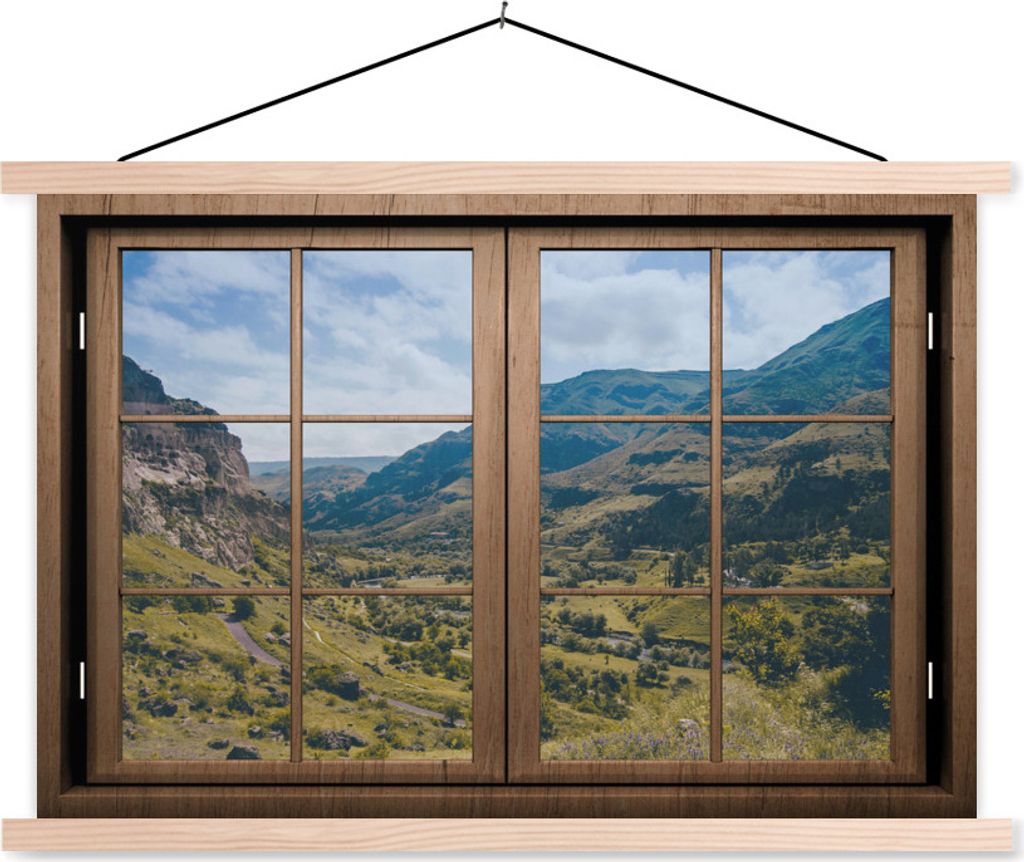 MuchoWow Textilposter Aussicht - Berg - Baum 120x80 cm mit holzfarbenen Rahmen - Aufhängeset