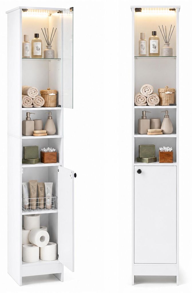 Hochschrank mit LED und Glastür, schmaler Badschrank 170cm, Produktbild 