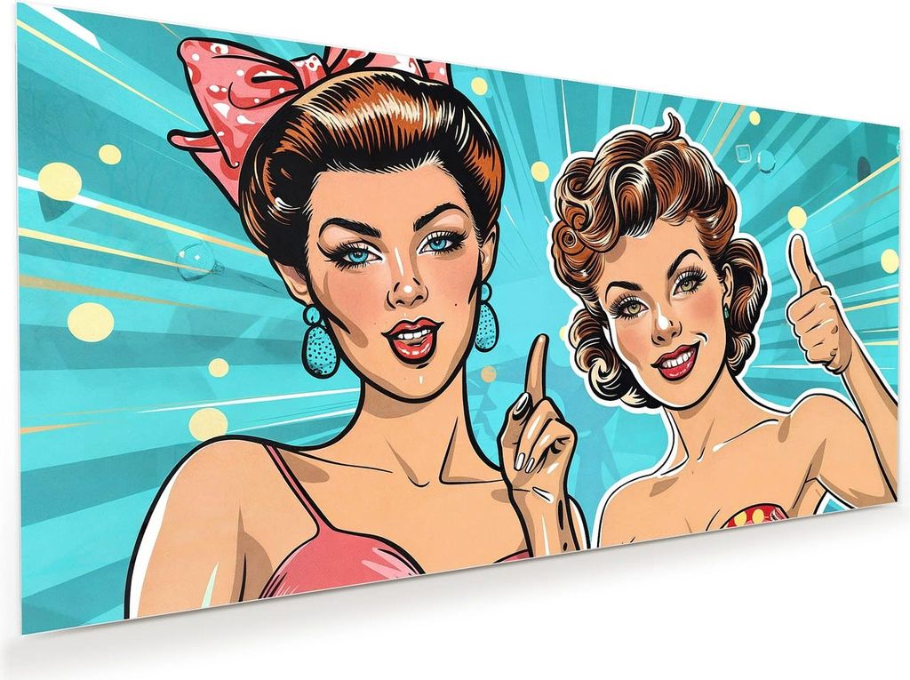 Glasbild 100x50cm in XXL für Wohnzimmer, Schlafzimmer Motiv Retro Frauen Illustration