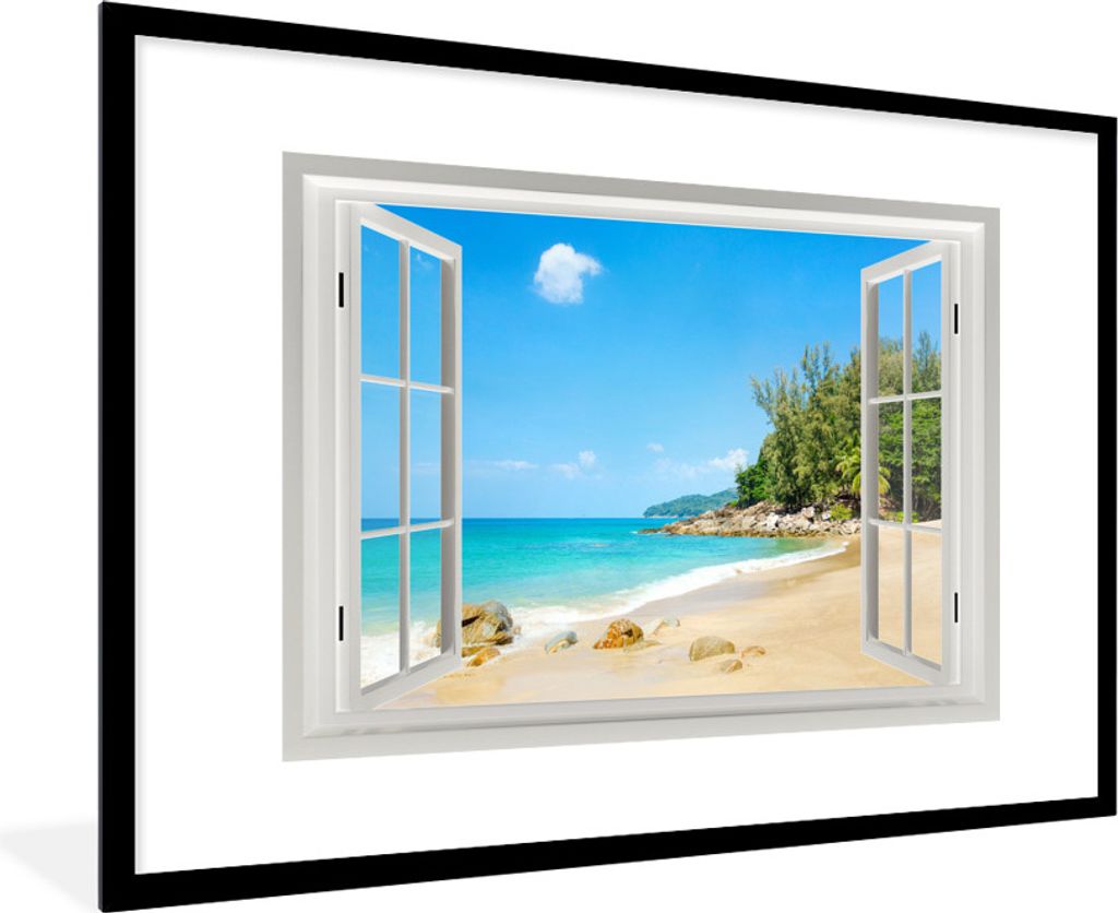 MuchoWow MuchoWow Gerahmtes Poster Aussicht - Wasser - Strand 90x60 cm - Poster mit zchwarzem Bilderrahmen - Wanddekoration - Fotos