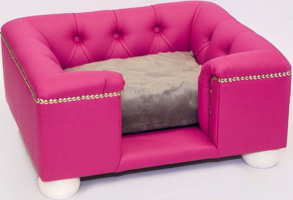 Casa Padrino Luxus Chesterfield Leder Hundebett Pink / Weiß / Grau 80 x 65 x H. 37 cm - Rechteckiges Echtleder Hundebett - Chesterfield Tiermöbel...