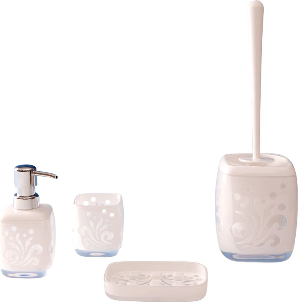 4tlg Set Bad Accessoires WC Bürste Seifenspender Zahnputzbecher Seifenschale Ornella Weiß