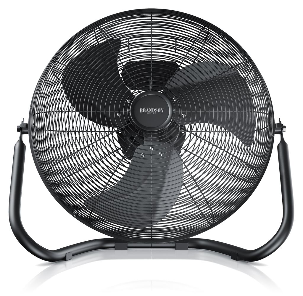 A black floor fan is shown against a white background.