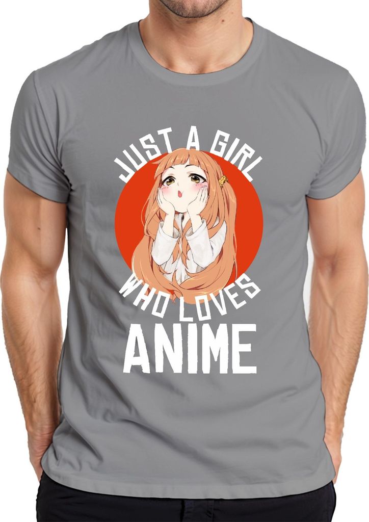 JUST A GIRL WHO LOVES ANIME Anime Mädchen Otaku Manga Kawaii Fan Herren T-Shirt, Grau, M